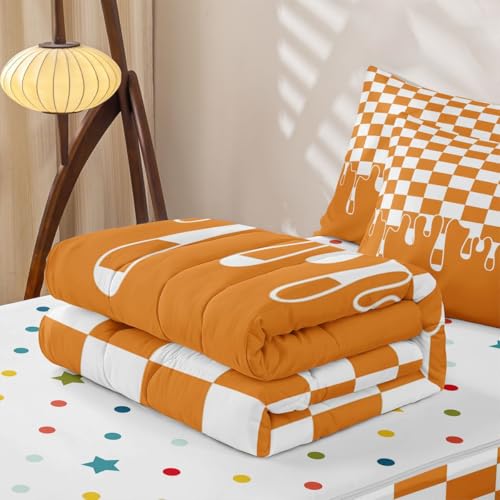 Image of Orange Checkered Twin Zip Up Comforter Set for Boys Girls,Checkerboard Drip Printed Bedding with Matching Fitted Sheet & Pillow Shams,Indie Aesthetic Funky Modern Geometric Durable Kids Bed in a Bag