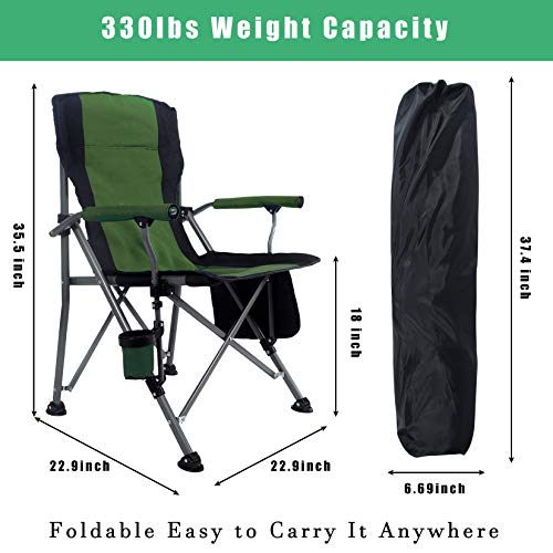 Maiufun Portable Camping Chair Folding Heavy Duty Quad Outdoor Large Chairs Support 330 Lbs High Back Padded Thicken Oxford With Armrests, Storage Bag, Cup Holder, Carry Bag For Outside(Green) #TOP1