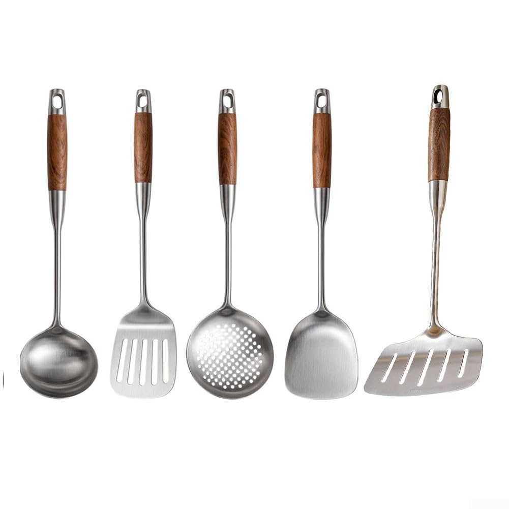 Juego de utensilios de cocina de acero inoxidable de grado 316L con asas de madera de tacto frío, cuchara ranurada, espátula para freír, espátula de pescado