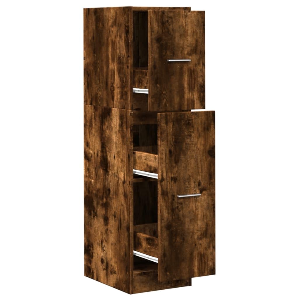 Apothekerschrank Räuchereiche 30x41x118 cm Holzwerkstoff | Mit Schrankauszug, Metallschienen, eleganten Griffen, Wandhalterung, vielseitig nutzbar