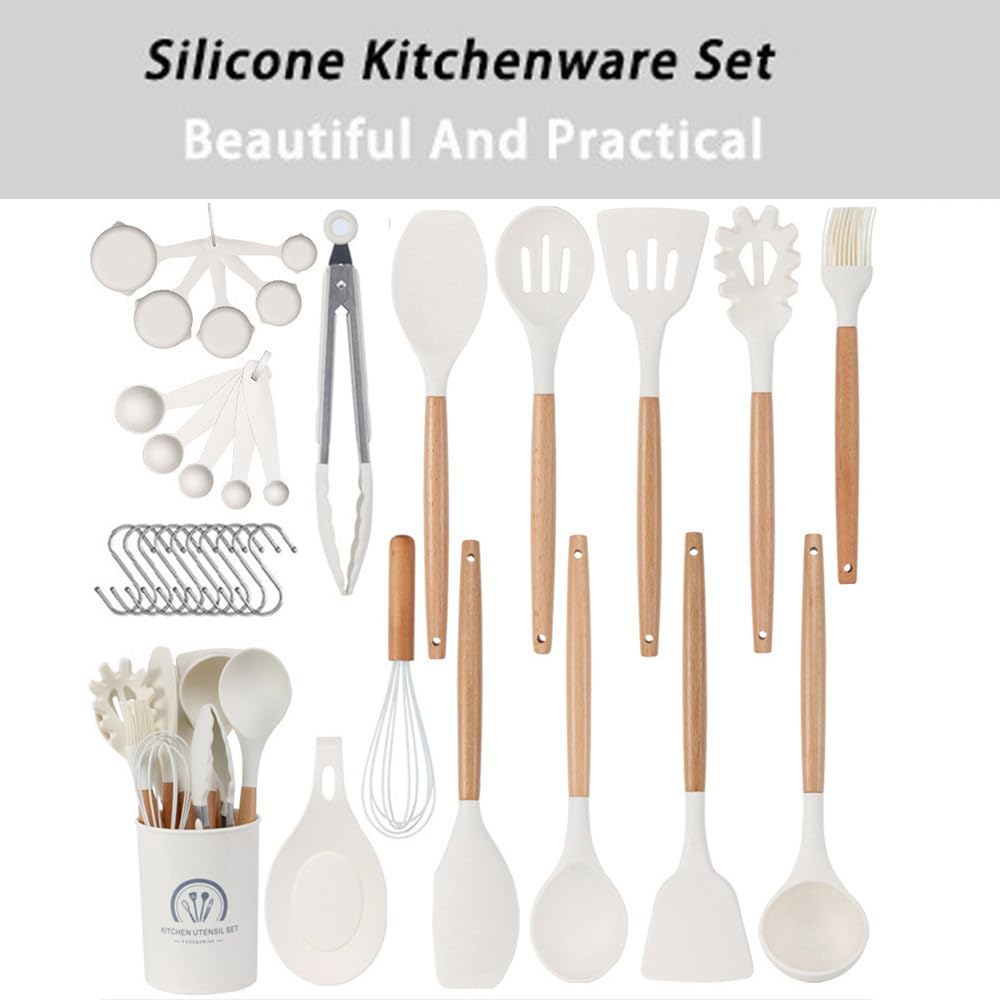 Set di 33 Utensili da Cucina in Silicone Alimentare con Manici in Legno; Kit Completo di Accessori per Cucinare Comprensivo di Misurini, Delicati su Pentole E Padelle Antiaderenti Black