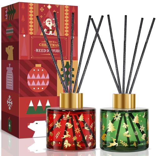 Scent Hi Difusor de Varillas, 2x100ml Ambientador Navidad con 12 Varillas de Fragancia para el Hogar, Oficina, Dormitorio, 2 Aromas Corona de Navidad/Dulce Hogar