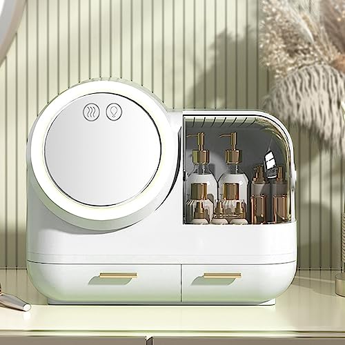 Miniatura 8 de HURRISE Estuche de maquillaje con ventilador de espejo, organizador de maquillaje portátil con espejo y luz LED, vitrina de almacenamiento de