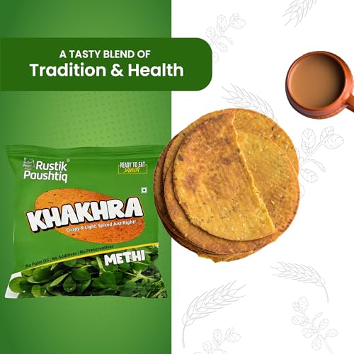 Image of RUSTIK PAUSHTIQ Methi Khakhra - 200g Each | Whole Wheat Crispy Snacks | Roasted Khakhra | No Palm Oil | Ready to Eat Tea Time Snack | Namkeen With Natural Ingredients (Pack of 4)