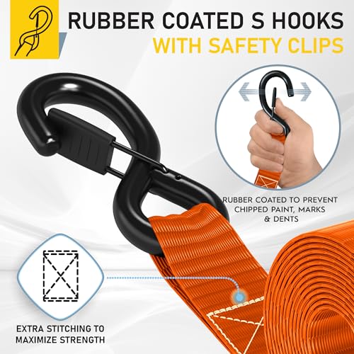 Image of AUGO Heavy Duty Ratchet Straps & Soft Loops - Pack of 4 Extra Strong 1.5 inch by 15' Ratchet Straps w /S-Hook Safety Latches & 4 Soft Loop Tie Downs - 4400Lb Break Strength for Motorcycles, ATVs, Etc.