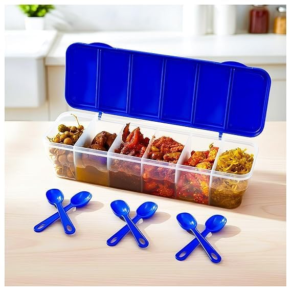 Image of 6-in-1 Masala Box with 6 Spoons, Airtight BPA-Free Plastic Masala Container Set, Transparent Spice Box for Kitchen Storage