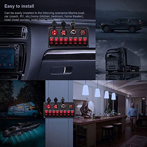 MKING 6 Gang / 8 Gang Circuit LED Car Marine Waterproof Boat Rocker Switch Panel with Fuse Dual USB Slot LED Light Power Socket Breaker Voltmeter for RV Car Boat (RED/Green/Blue) - Thumbnail 2
