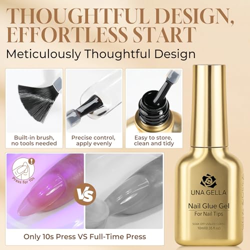 Image of UNA GELLA 6 in 1 Gel Nail Glue for Nails Tips 10ml Long Lasting U V Nail Glue Super Strong Brush On Glue for Base Blooming Gel for Clear False Nail Tips and Press on Acrylic Nails Need Light Cured