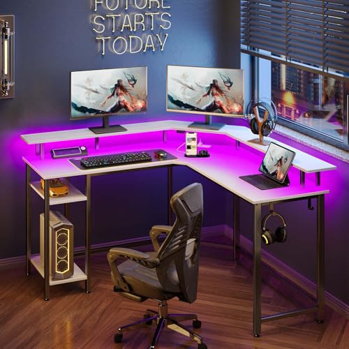 Image of Rolanstar Computer Desk 56 inch with Power Outlets USB Ports & LED Strip,Reversible L Shaped Desk with Monitor Stand & Storage Shelf,L Shaped Gaming Desk with Hooks,Home Office Desk,White