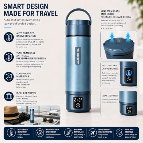 Portable Electric Kettle, Thskeatt Vacuum Stainless Steel Double Wall Travel Electric Kettle, Fast Boil, Auto Shut-Off, Keep Warm, for Travel Camping Office Coffee Tea by THSKEATT - Used condition - Image 6