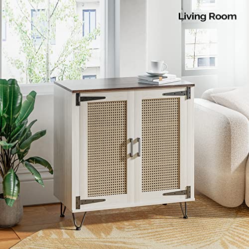 Vingli Rattan Buffet Cabinet Boho Wicker Sideboard Cabinets Wooden Cradenza With 2 Adjustable Shelves For Living Room/Entryway, Ivory #TOP6