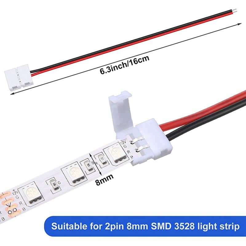 Wiring Connecting Terminals - 96Pcs 8Mm 2 Pin LED Strip Light Connector for 8 Mm Wide Flexible SMD 3528 2835 Single Color LED Strip Lights Solderless - (Color: White red Black)