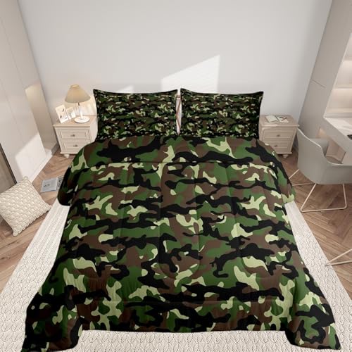 Loussiesd Camouflage-Tagesdecke für Kinder, Jungen, versteckt, Armeegrün, gesteppt, Teenager, dekorative Winter-Sommer-Tagesdecke, Camouflage, superweich, mit 1 Kissenbezug