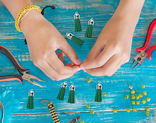 Mini Skater Suede Faux Leather Tassels For Jewelry Making 100Pcs Silver Cap Leather Trim Fringe Tassel Bulk With 100Pcs Jump Rings Sewing Accessories (Dark Green) #TOP5