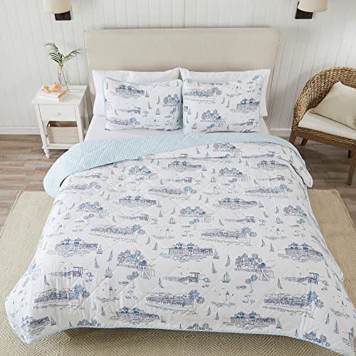 Full / Queen Coastal Quilt Bedding Set, Summer Coastal Quilt with Shams, Beach 3-Piece Reversible All Season Bedspread Quilt Set. Lightweight Nautical Quilted Coverlet. Cape Elizabeth Collection, Blue - Thumbnail 7