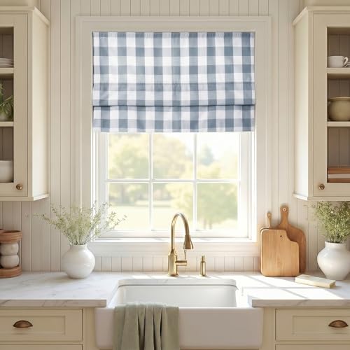 Image of TWOPAGES No Drill Cordless Buffalo Plaid Roman Shades Gingham Checkered Roman Blinds for Windows, Custom Made Room Darkening Blinds Farmhouse Shades, Light Blue Grid, 1 Piece