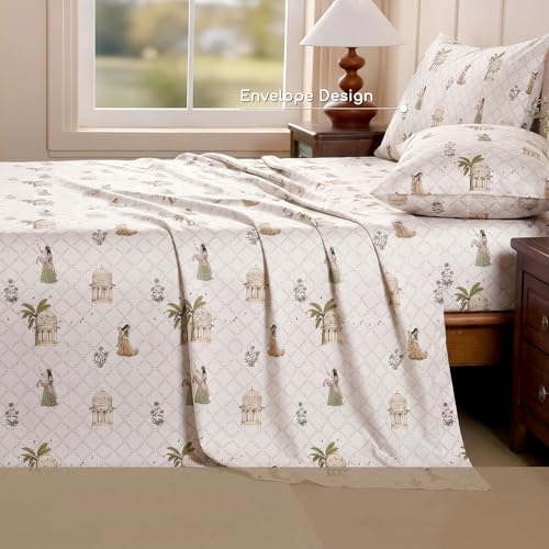 Image of Ishro Home Premium Bedsheet for Double Bed with 2 Pillow Covers - Cloud Cotton Bedsheet, Soft, Silky Smooth & Wrinkle Resistant, Luxury Printed Design (Flat Double Bed Size, Jaipur Court)