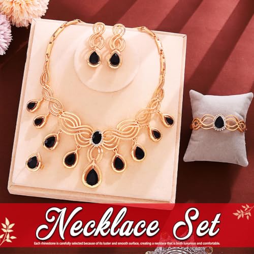 JEAIRTS Black Crystal Jewelry Set Gold Statement Necklace Earrings Ring Bracelet Sets for Women2