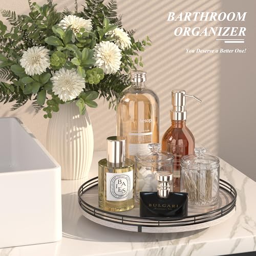 Image of 13 inch Oak Bathroom Vanity Tray Turntable for Perfume Candle, Round Wooden Decorative Tray for Kitchen Sink Countertop Organizer, Bathroom Counter Organizer for Skincare Makeup, Rustic Whitewashed