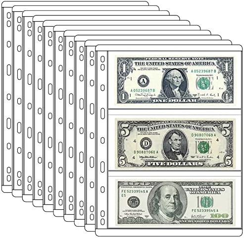 3 Pocket Paper Money Collection Supplies Pages, 10 Sheets Currency Collecting Book Album Sleeves with Standard 9 Hole for Coin Binder, Coin Collection Supplies Pages for Stamps Invitations Receipt
