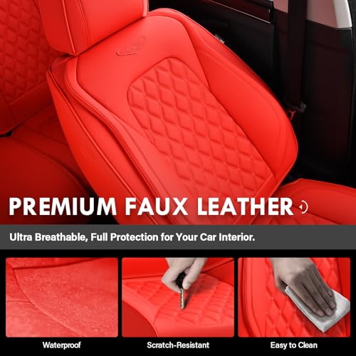 Image of Coverado Front Seat Covers, Waterproof Nappa Leather Stain-Resistant Protectors, Universal Fit for Sedans, SUVs, Trucks, Automotive Car Seat Covers, Waterproof Seat Cushions - Red