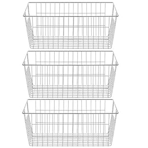 SANNO Farmhouse Freezer Bastets Organizer Bin Large Metal Wire Food Storage Organizer Bin Basket for Kitchen Cabinets Pantry Bathroom Laundry Room Closets Garage Chrome 3 pack
