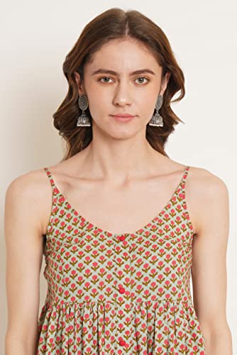 Image of COTLAND Fashions Jaipuri Cotton Printed Flared Strappy A-Line Dress for Women (Ocean Orchid)