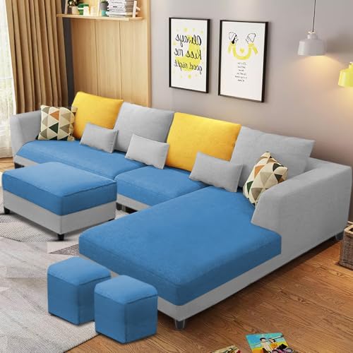 Image of Galib RHS 8 Seater L Shape Sofa Set for Living Room (Turquise Grey Fabric) Premium Fabric Sofa