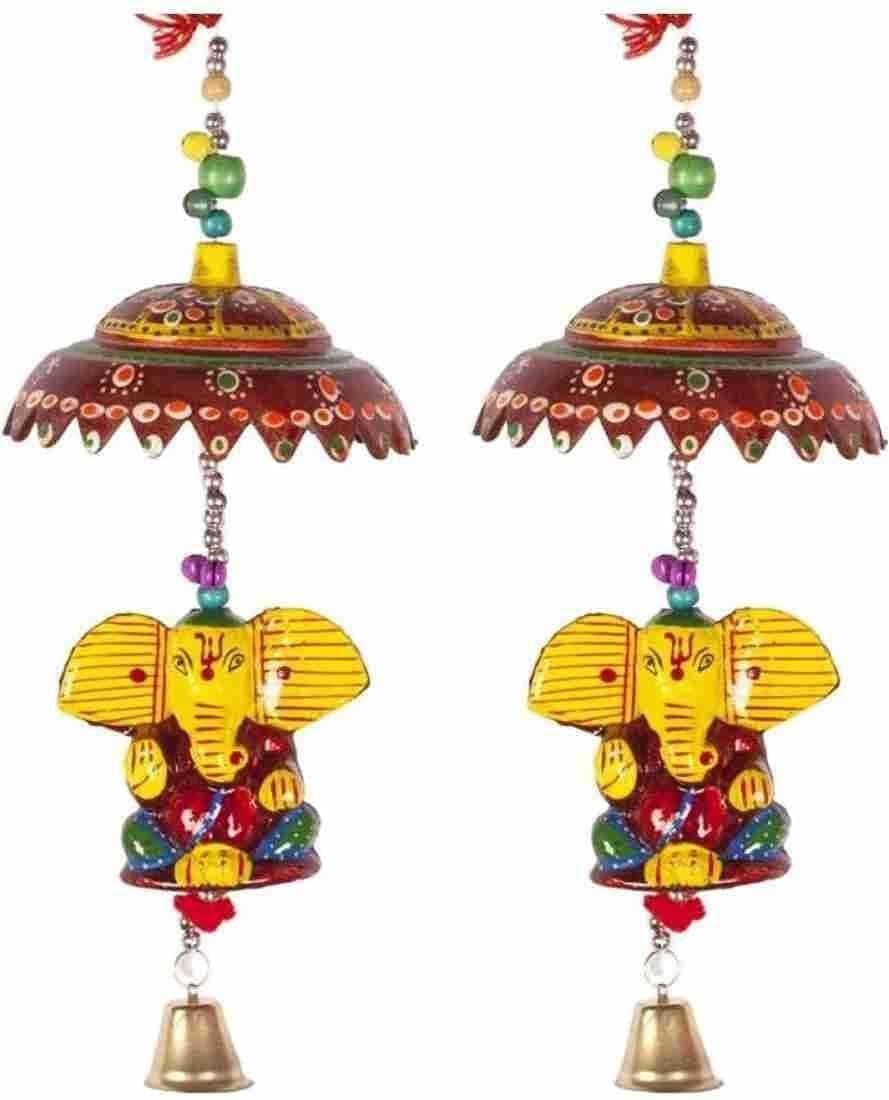 Wind Chime Hanging Bell Ganesha Jhumer Multi Colour Full Door,Wall Hanging for Home,Temple,Event Decoration (Paper Mache) ganpati decoration items I Windchime biig size. Wood Windchime (17 inch)-image-12