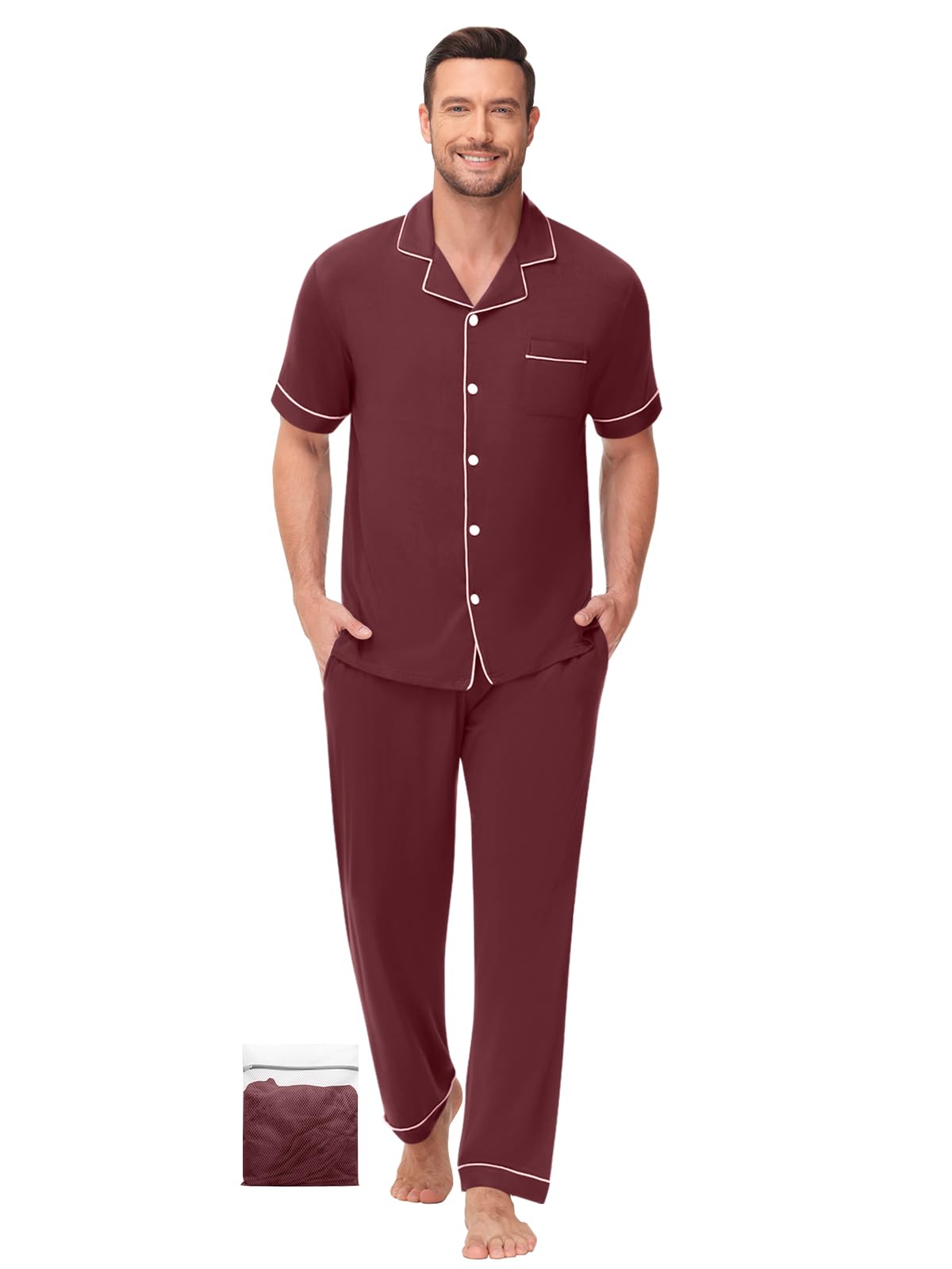 YOPUGEE Men Pajamas Set Two Pieces Short Sleeve Sleepwear Button Down Loungewear Set Soft Modal Pj Set with Pockets