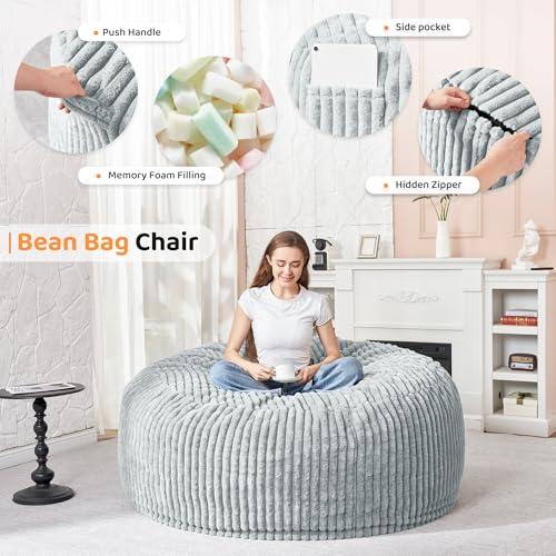 Image of HABUTWAY 4FT Bean Bag Chair, 4' Large Bean Bag Chairs for Adults with Removable Stripe Plush Cover, Memory Foam Beanbag Chair for Living Room Bedroom Dorm,Light Grey