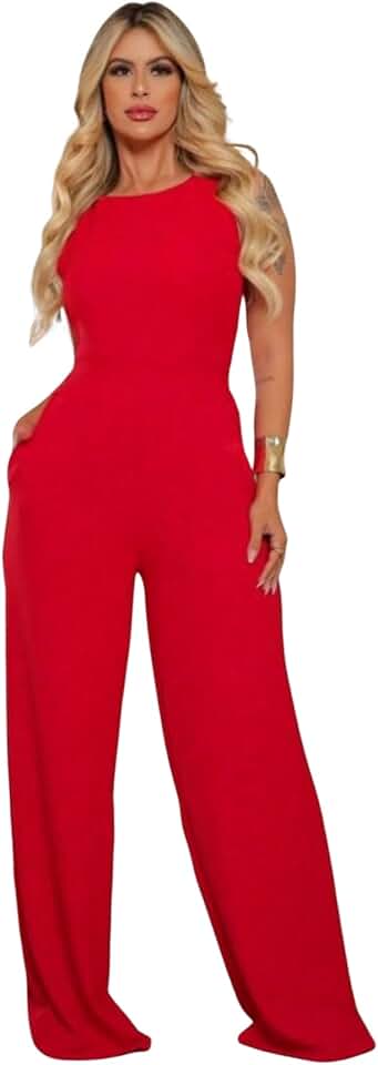 Macacão Feminino Longo Regata Pantalona Com Bolsos Linha Premium Luxo