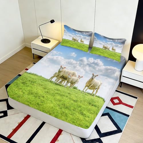 Drap-housse 140x200 cm microfibre imprimé moutons champêtres - 5