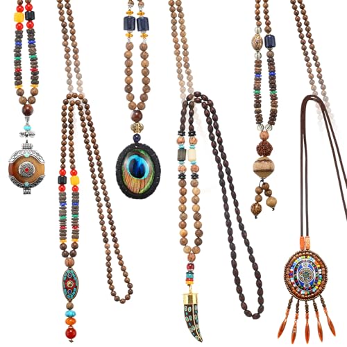 Huquary 6 Pcs Long Boho Necklaces for Women Vintage Wooden