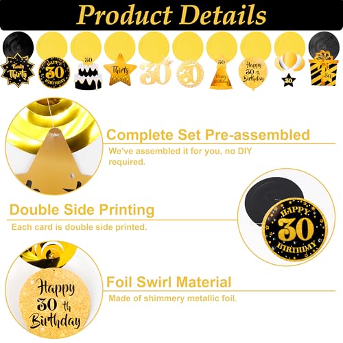 Image of 30th Birthday Decorations for Him Black Gold Happy 30th Birthday Decorations For Men Women Pre Strung Birthday Banner Bunting and Hanging Swirls