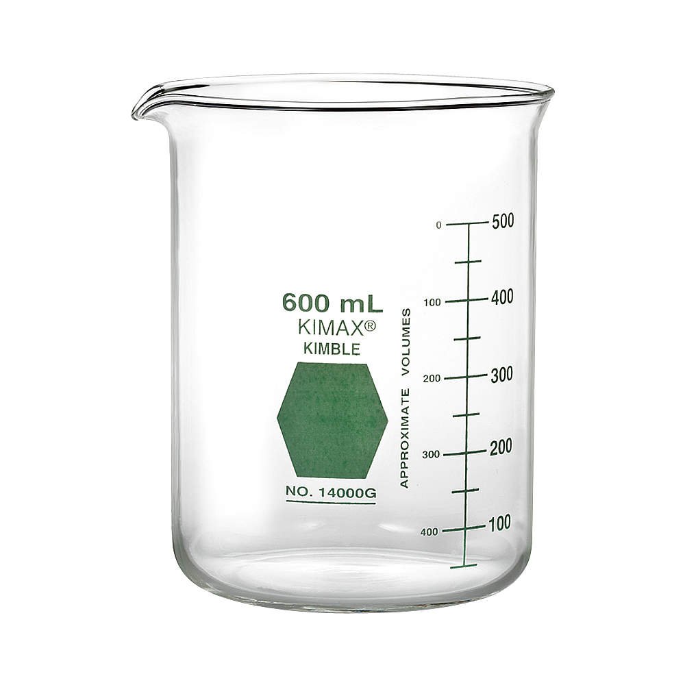 Kimble 14000G-600 Glass Low Form Griffin Beaker with Double Capacity Scale, 50-500mL Graduation Interval, 600mL Capacity, 50mL Graduation, Green (Case of 6)