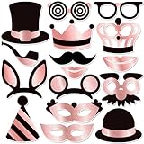 Rose Gold Photo Booth Props - Fully Assembled, No DIY, Glitter Photobooth Props and Masks - Mix of Hats, Lips, Mustaches, Crowns and More (16 pcs) - Perfect for Birthday Parties, Weddings and More
