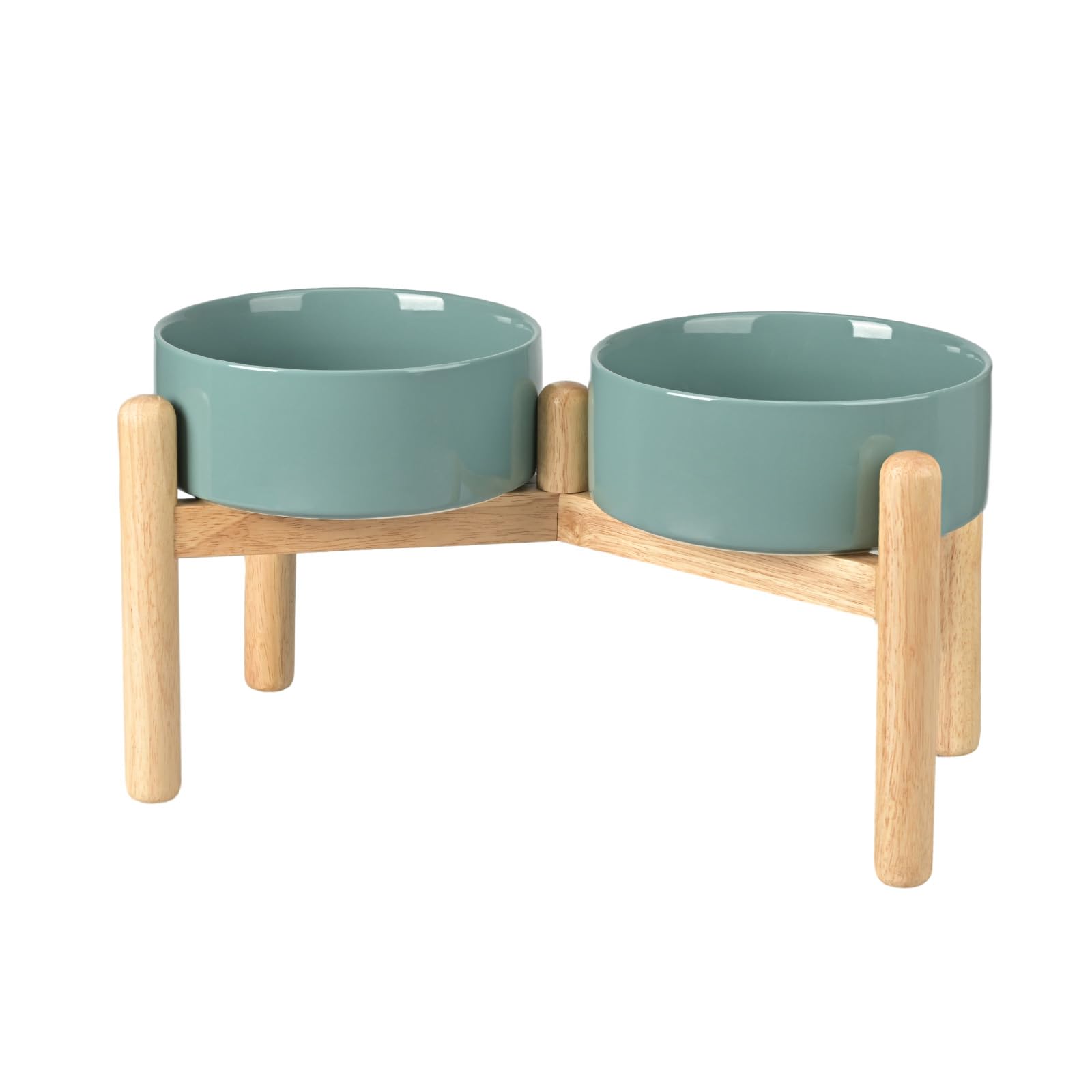 SPUNKYJUNKY Ceramics Elevated Dog Feeding Stand with Wooden Base - Double 60oz Bowls for Medium Large Dogs (Dark Green)