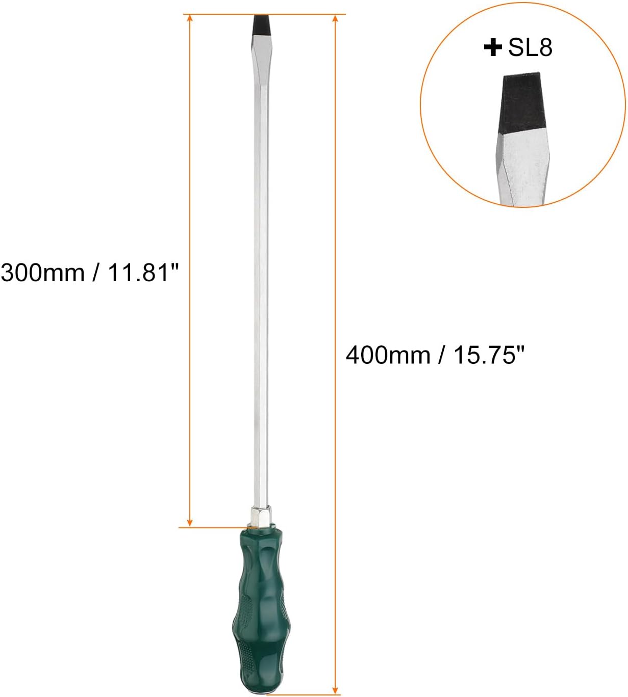 HARFINGTON 2pcs SL8 Flat Head Screwdriver 15.7" Magnetic Demolition Slotted Screwdrivers 11.8" CR-V with Ergonomic Handle for DIY Repairing, Green