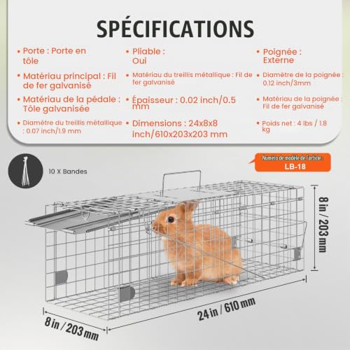 VEVOR Piège pour Animaux Vivants 610x203x203 mm Cage Trappe Chat Pliable Fil de Fer Galvanisé sans Cruauté avec Poignée Piège pour Lapins, Chats Errants, Écureuils, Ratons Laveurs, Marmottes, Opossum – vue 7