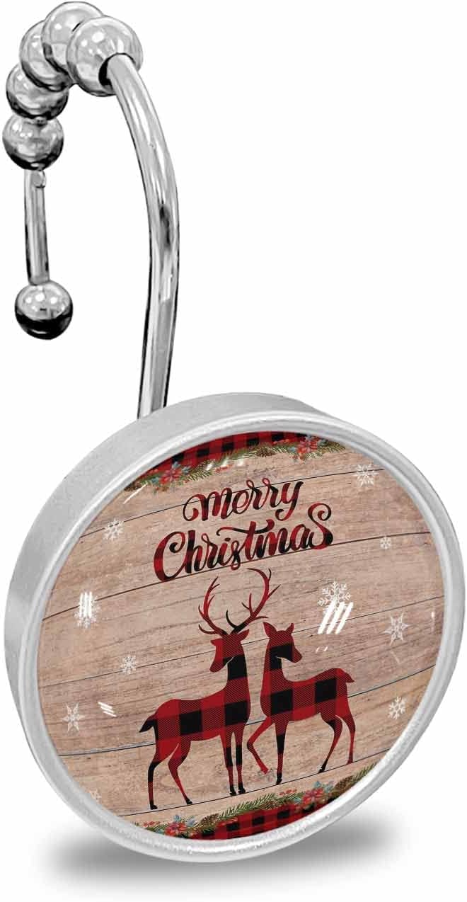 Shower Curtain Hooks,Stainless Steel Shower Curtain Rings Merry Christmas Buffalo Check Plaid Reindeer Rustic Wooden Crystal Glass Design Rust-Resistant Decorative Shower Curtain Hooks for Bathroom