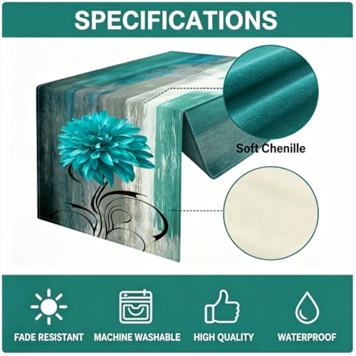 OYIMUA Soft Thick Chenille Teal and Grey Table Runner 72 Inches Long Vintage Abstract Painting Flowers Spring Summer Rustic Dining Table Decorations for Home Indoor Outdoor by OYIMUA - Used condition - Image 4