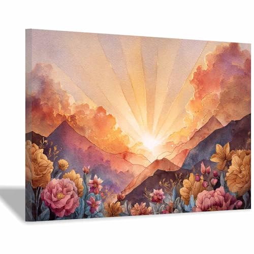 Tableau paysage mural toile nature pivoines aquarelle multicolore