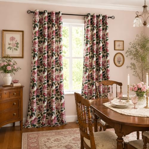 Image of ALIGOGO Pink Floral Linen Curtains for Living Room Bedroom, 50 inch W x 84 inch L