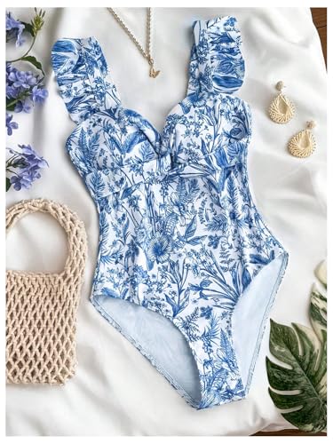 OYOANGLE Girl's One Piece Swimsuit Floral Print V Neck Ruffle Strap Twist Front Sleeveless Bathing Suit2