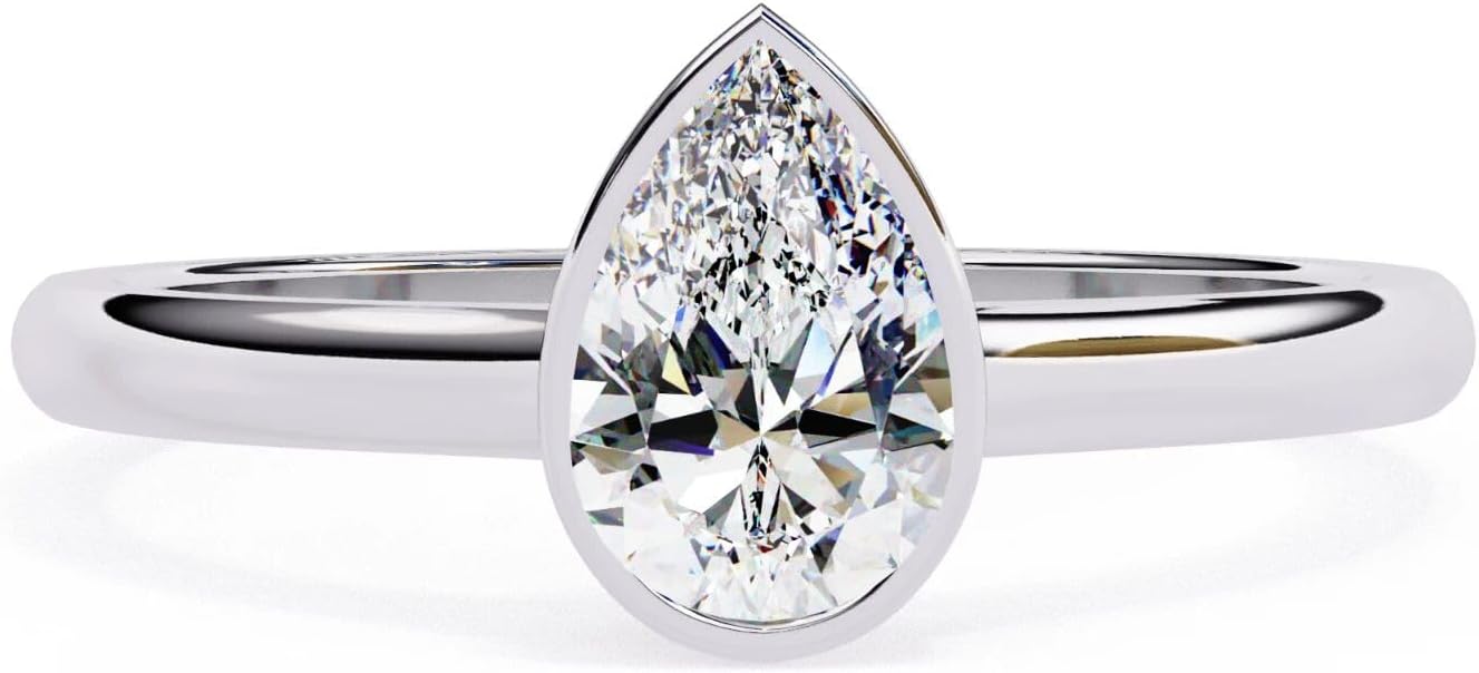 Pear Shaped 1.50 Ct Moissanite Engagement Ring for Women Bezel Set Solitaire in Vermeil White Gold Teardrop Cut Dainty Proposal Ring