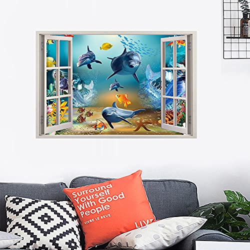 3D Ocean World Fake Windows Wall Sticker,Shark Turtle Tropical Fishes Sea Life Peel and Stick Removable Windows Wall Decals for Bedroom Bathroom Living Room（24"x18"）