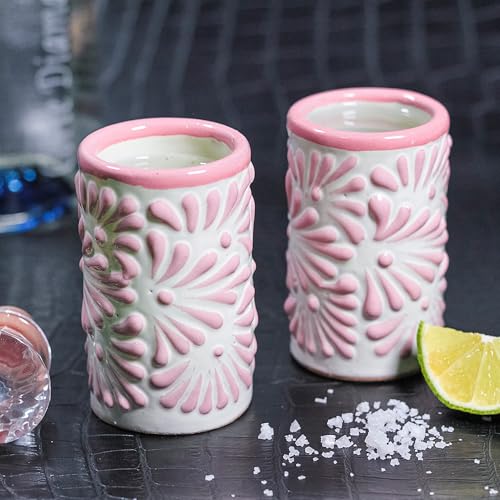 Image of Talavera Shot Glasses Set of 4 Authentic Mexican Tequila Shot Glasses - Hand-painted - 2 Oz (Pink Brushstroke White Background)