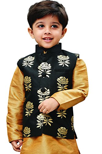 BHCraftss Boys' Silk Blend Nehru Jacket || Banarasi Brocade Woven Jacquard Modi/Nehru Jacket || Ethnic Wear for Festivals, Weddings - Black and Gold (4 Years - 5 Years)