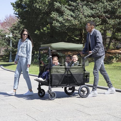 Image of Delta Children - Jeep Wrangler Deluxe 4 Seater Stroller Wagon - Premium Quad Stroller Wagon for 4 Kids with Convertible Seats, Adjustable Push /Pull Handles, Removable Canopy & Flat Fold, Black /Green